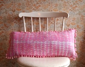 Double sided Hand Screen Printed Cushion in Linen with pink Pom Poms