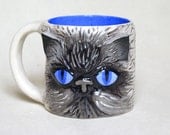 OOAK CAT MUG Large Ceramic  Entirely Handmade Cofee Tea Cup / Unique Original Gift / royal blue light grey gray white black