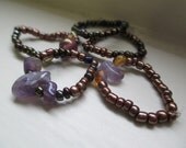 SET OF 5 Beaded Amethyst Rings w/ Glass Bronze and Copper Beads and Elastic for Adjustability