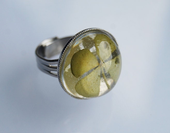 Real Four Leaf Clover Ring St Patrick's Day Adjustable Ring With Good Luck Clover Pressed Flower Botanical