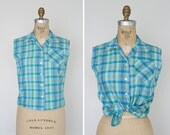 vintage 50s blouse // 1950s plaid blouse // teal sleeveless top