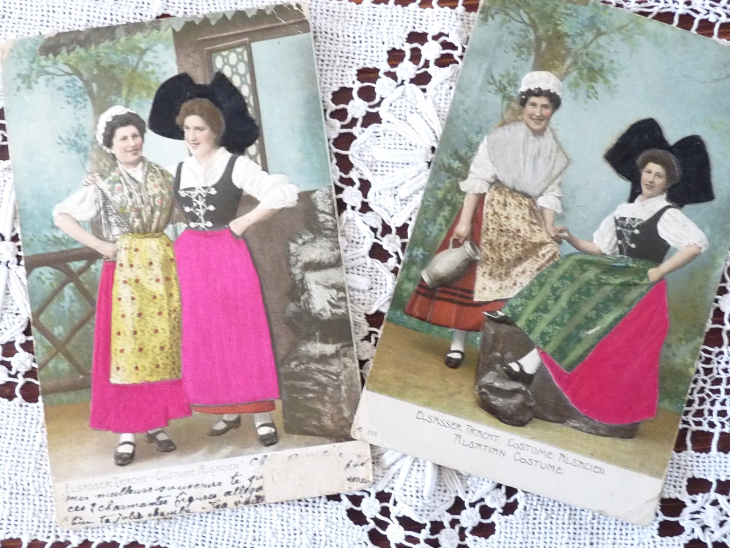 Antique French POSTCARDS, A Pair of  Hand tinted, Embossed Photographs, with Traditional Alsatian Costumes, 1906.