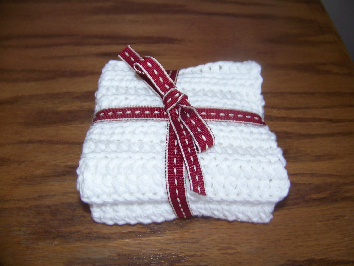 Set of 2 100 Percent Cotton Crocheted Dish Cloths Tied With Red Ribbon