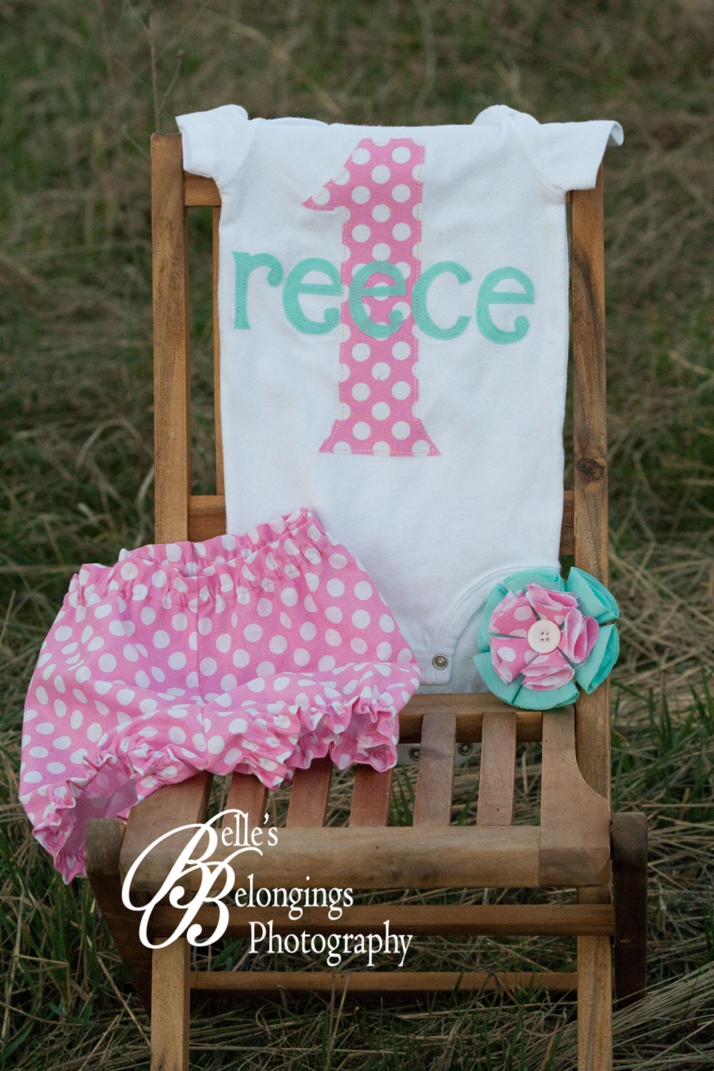 Girls 1st Birthday Outfit-Pink Polka Dot and Aqua-Bloomers, Onsie, and Hair Clip