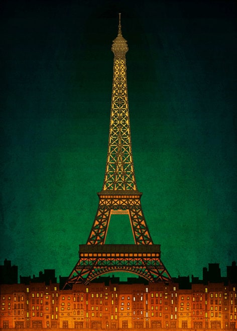 Paris illustration - PARIS by night - Fine art illustration,Fine art prints,Art Posters,Paris art,Paris decor,Wall art,Green,Orange