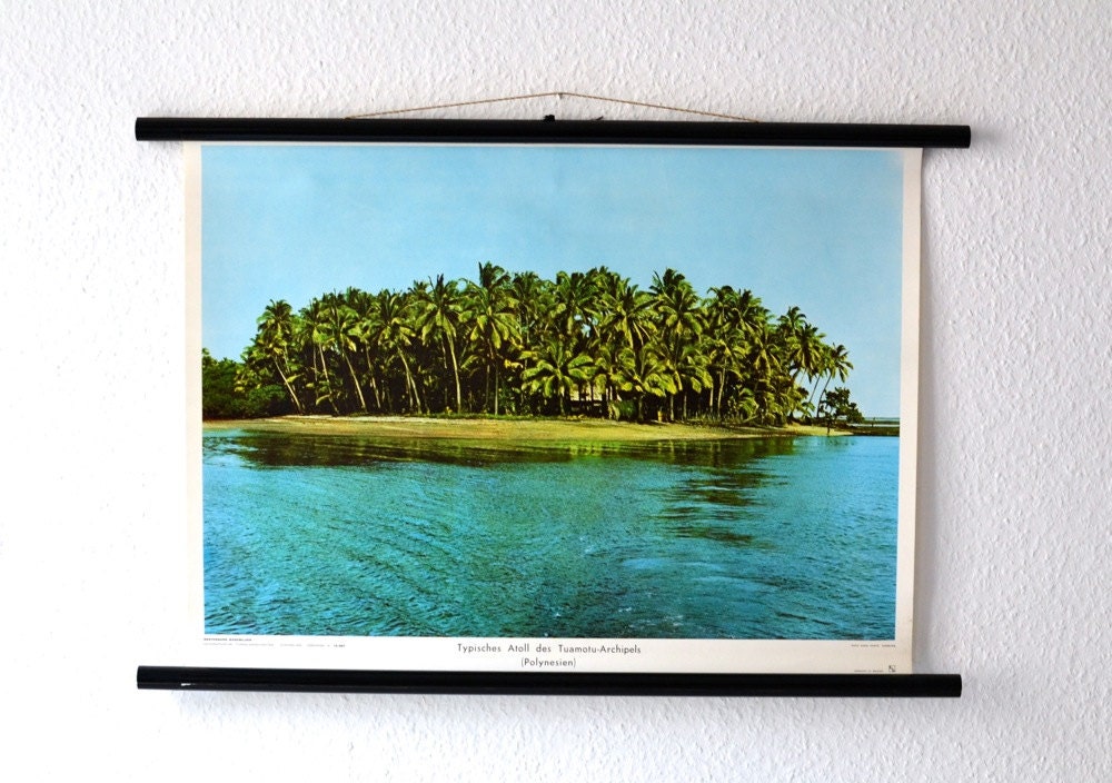 Vintage island Australia school pull down chart map Polynesia atoll Oceania geography West German print