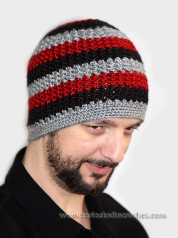 Men Burgundy Beanie Stripes of Gray and Black Beanir for Gentlemen - Stripe Beanie for Teen Boys