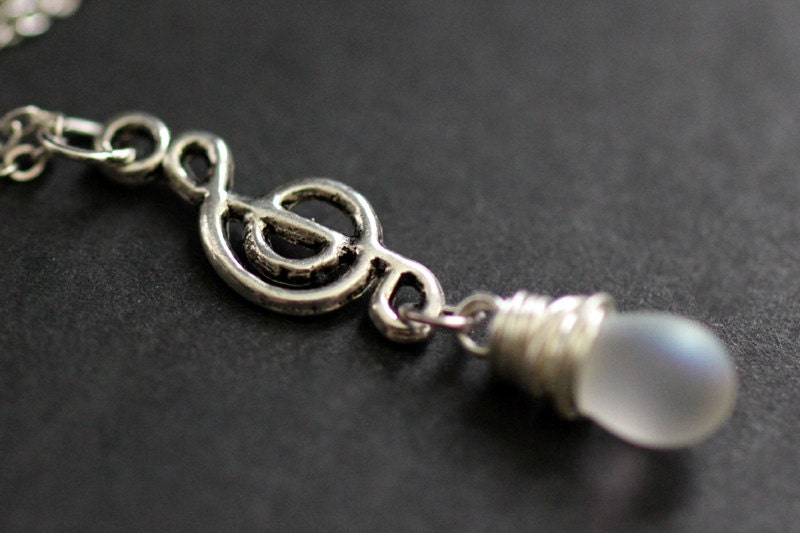 Music Necklace. Treble Clef Necklace. Musical Note Necklace. Clouded White Teardrop Necklace in Silver. Handmade Jewellery.