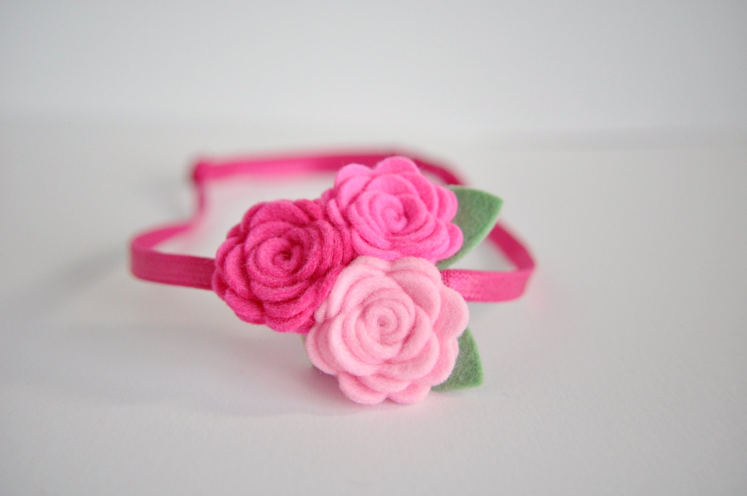 Felt Flower Headband - 3 Pink Flowers - 100% pure wool felt - Adjustable Headband for Women, Girls, Baby - Small Flower Headband