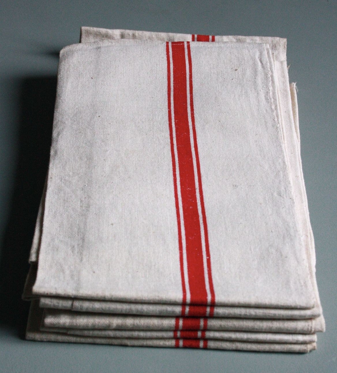 country house red striped towel, french vintage UNUSED linen towel