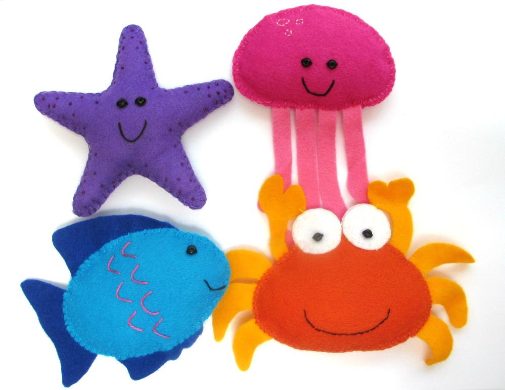 Felt Plushie Seaside Collection Handsewing Pattern PDF. Instant instructions to make fish, crab, starfish and jellyfish plushies.
