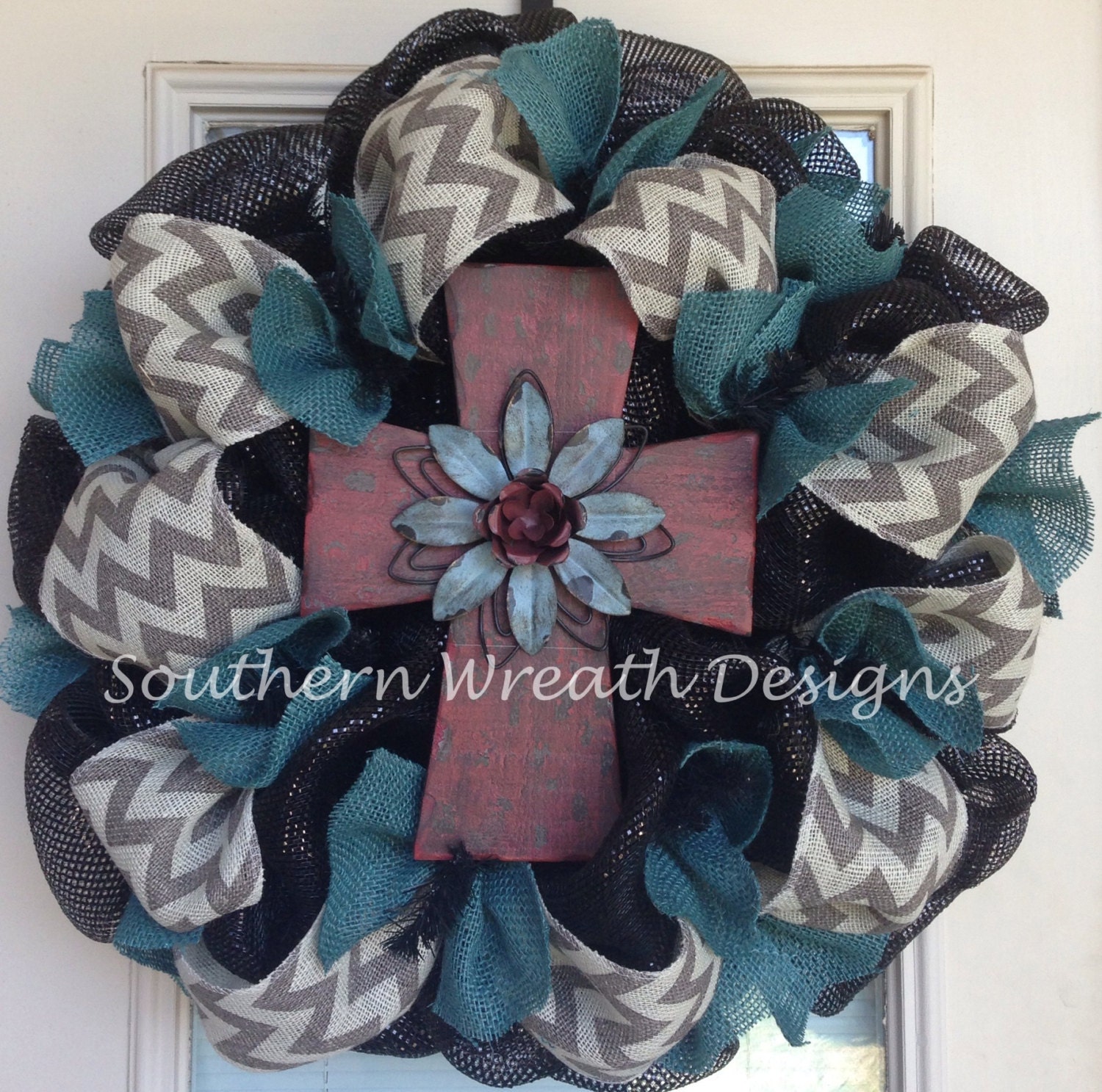Chevron burlap cross door wreath