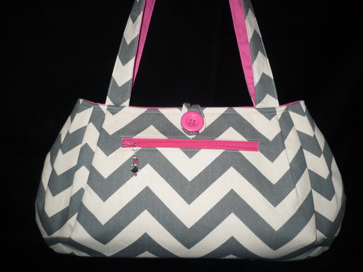 Chevron Gray/w Hot Pink Bag Purse Handbag, Handmade Shoulder bag