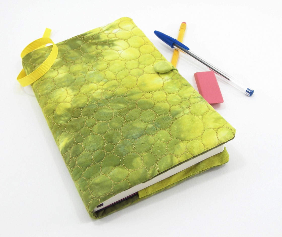Moleskine Journal Cover, Quilted Journal Slipcover, Fabric Diary - Olive, Chartreuse Green and Yellow Hand Dyed Cotton