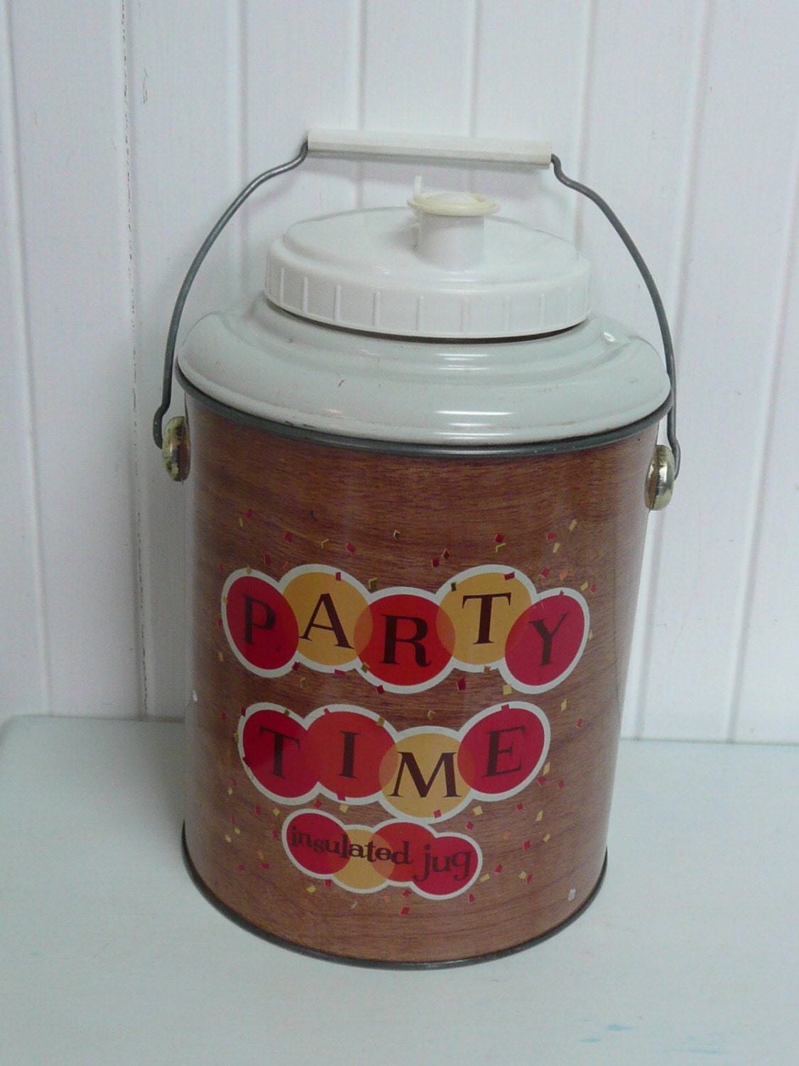 1960s Party Time Insulated Jug, Picnic Camping Jug Cooler, Tail Gate Jug, Glass Lined - Vintage Travel Trailer Decor