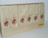 NOS 1960s Linen Napkins, Embroidered, Set of Six Woven Napkins with Roses Design, Original Package, Made in Ireland - Vintage Home Decor