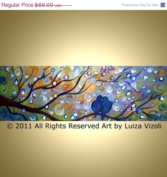 on SALE BLUE LOVEBIRDS Large Giclee on Stretched Canvas 30x10 by Luiza Vizoli