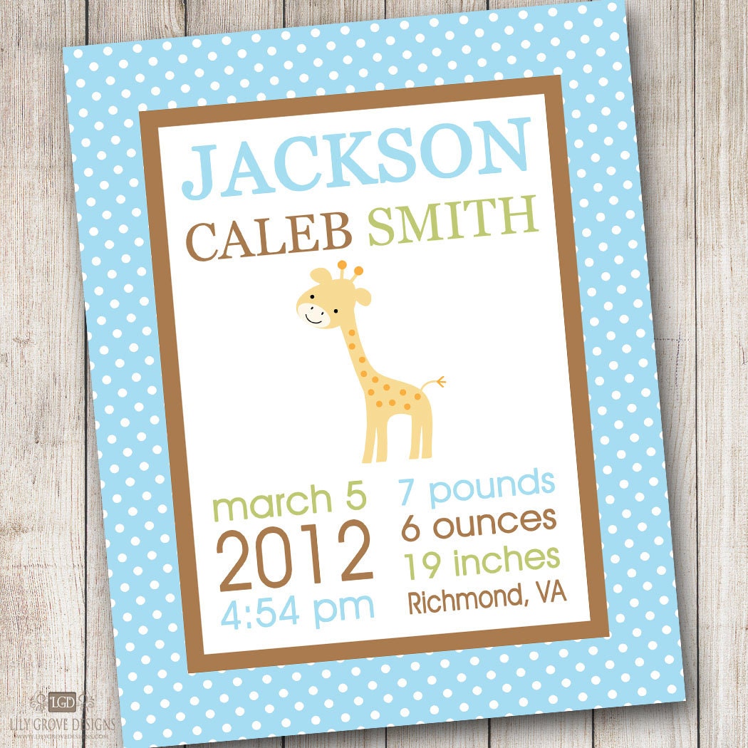 Boy Giraffe Birth Announcement Nursery Wall Art - Digital File - Print Your Own (You Print)