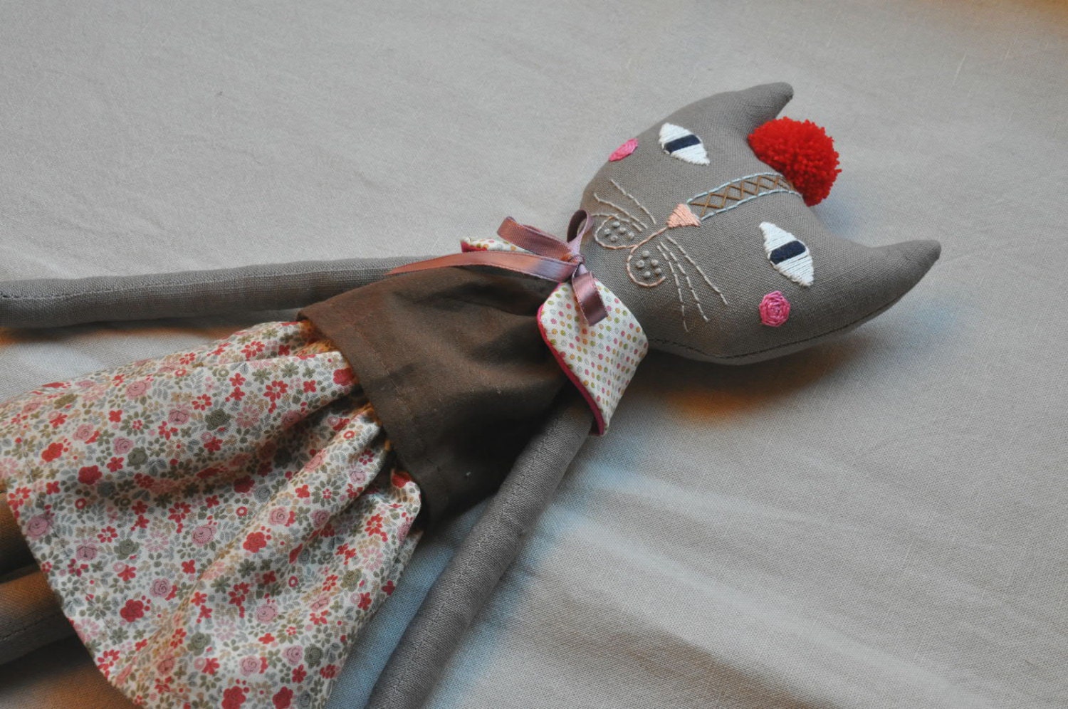 Grey cat with embroidered face - handmade rag cat doll