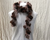 Crochet Ruffled Scarf  Brown Furry Trim