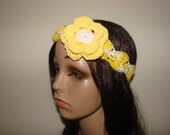 Beautiful elegant Yellow White thin 1 1/2" Flower Crochet lace headband, Spring Summer skinny Headband, boho bohemian Teen Adult
