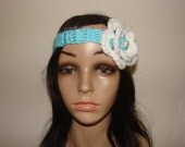 Bohemian Flower headband, Blue White Hand Crochet headband with flower, lace headband, hippie Spring Summer skinny Headband, boho