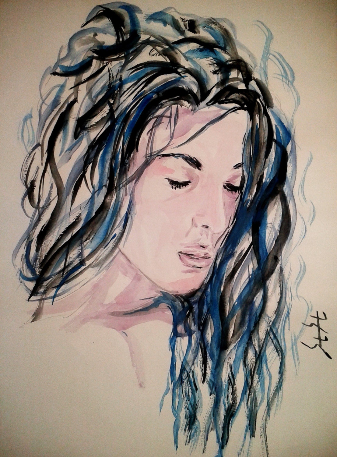 Original /not a print/ painting. 12 x 9''. Watercolor. Abstract Portrait. Girl. Figure.