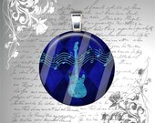 Shades of Blues Guitar - Checkered Background - 1 Inch Glass Circle Photo Pendant Necklace