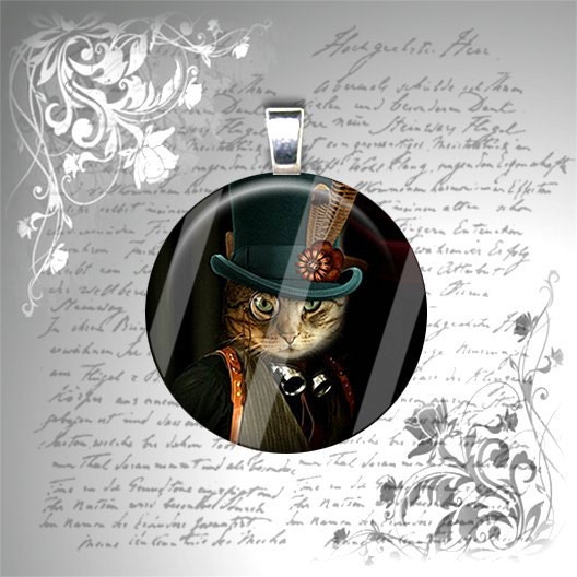Mr. Darcy Kitty - Steampunk Gentleman Kitty - Green Top Hat With Feathers - 1 Inch Glass Circle Photo Pendant Necklace