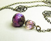 Romantic pendant charm necklace Purple lampwork bead  Vintage loon antique brass single strand chain necklace Romantic jewelry