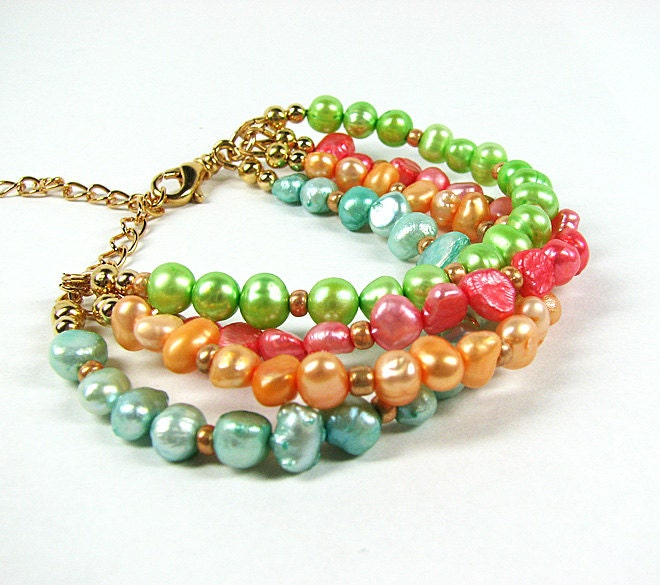 Multistrand pearl bracelet Bright pastel yellow, coral, lime green, blue layered bracelet Multi strand freshwater pearl beaded jewelry