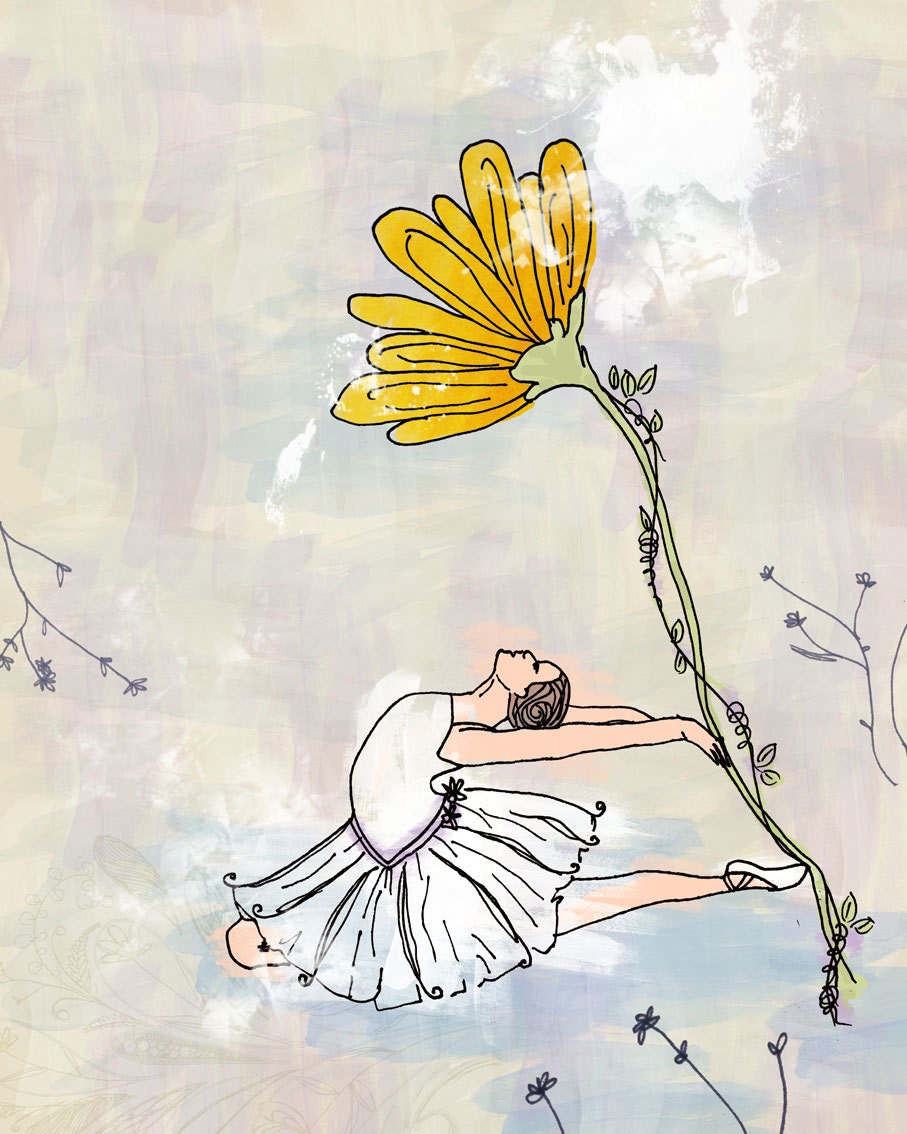 8x10 Giclee Print - Original Illustration of a Ballerina Holding a Yellow Flower - Girl's Present