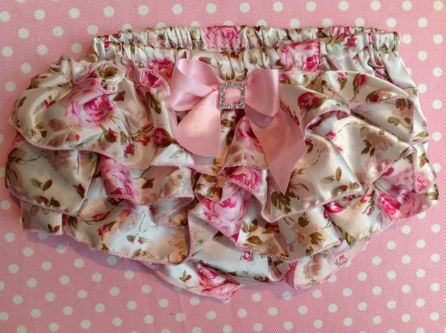Ruffled Floral Print Satin Baby Bloomers with Rhinestone Embellishment on Bow, Ruffled Diaper Cover, Diaper Covers,