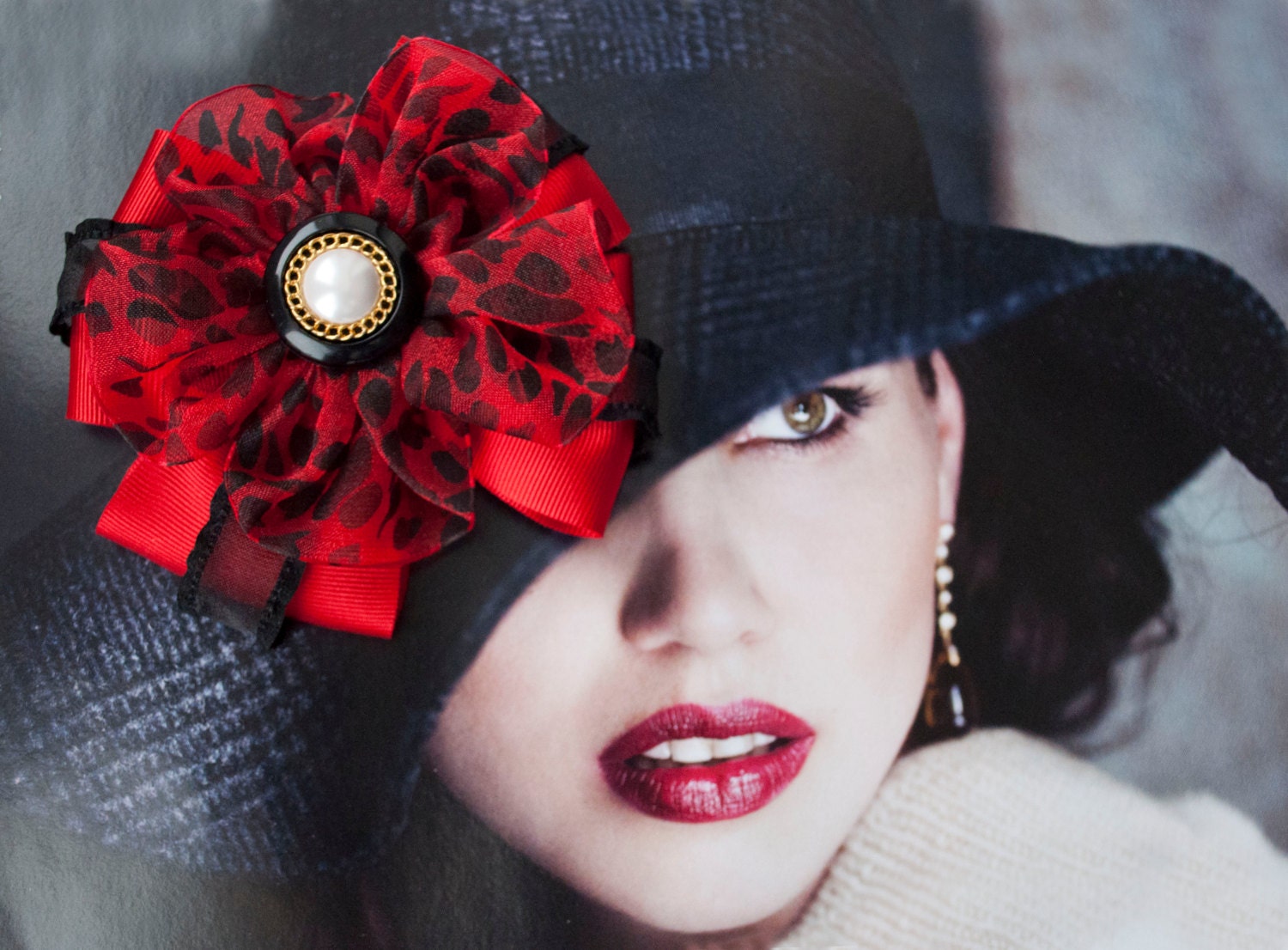 Brooch "Karmen", elegant brooch, red, pin, black, woman brooch