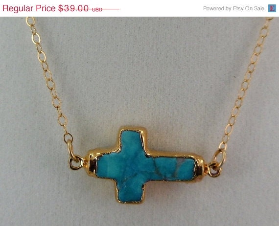 Memorial Day Sale Turquoise Sideways Cross Necklace Cross edged in 24k gold on gold fill chain