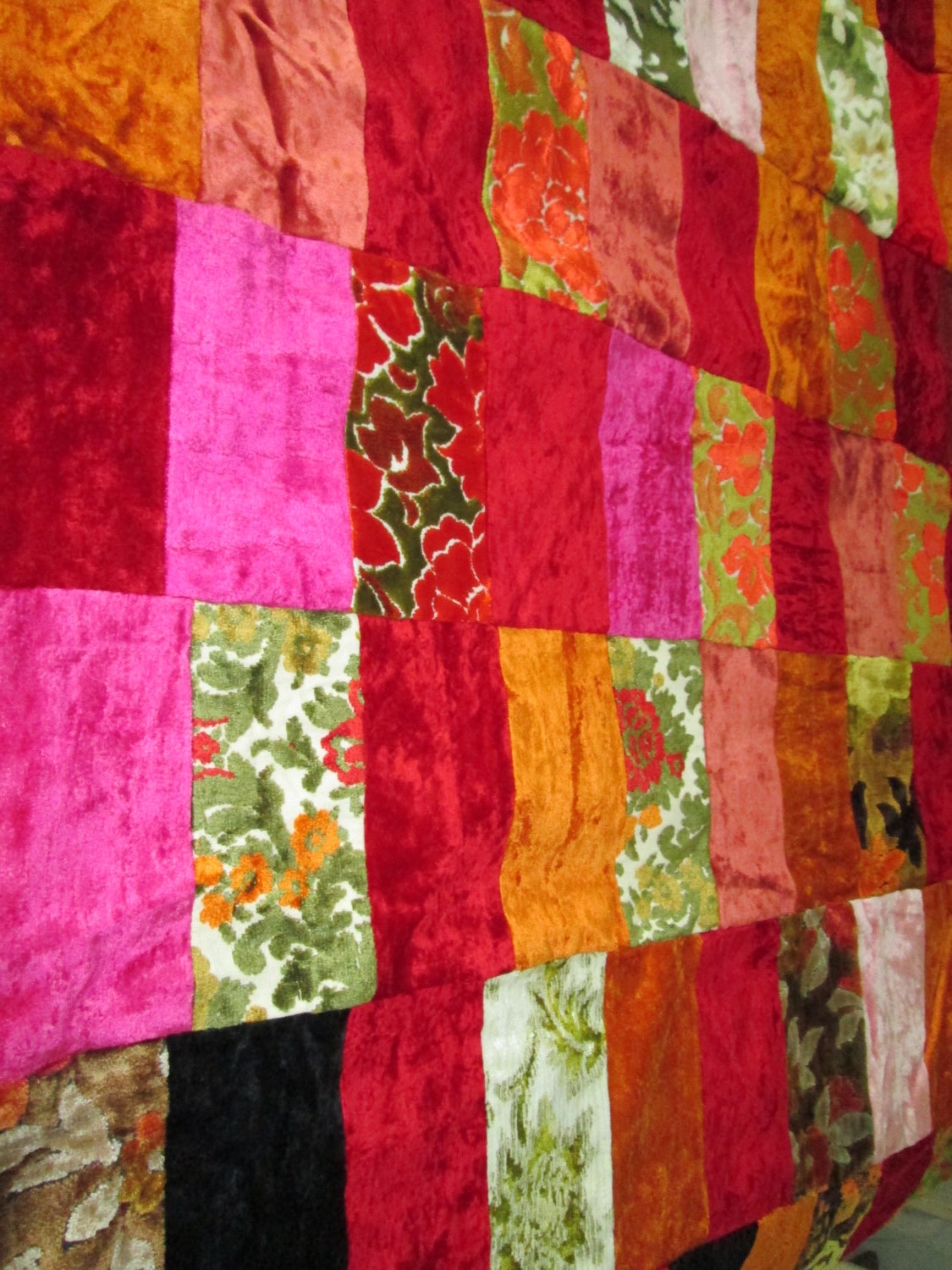 vintage  1960s crushed velvet tapestry quilting mod 1960s bed cover throw pink orange green  piece by hermina's cottage
