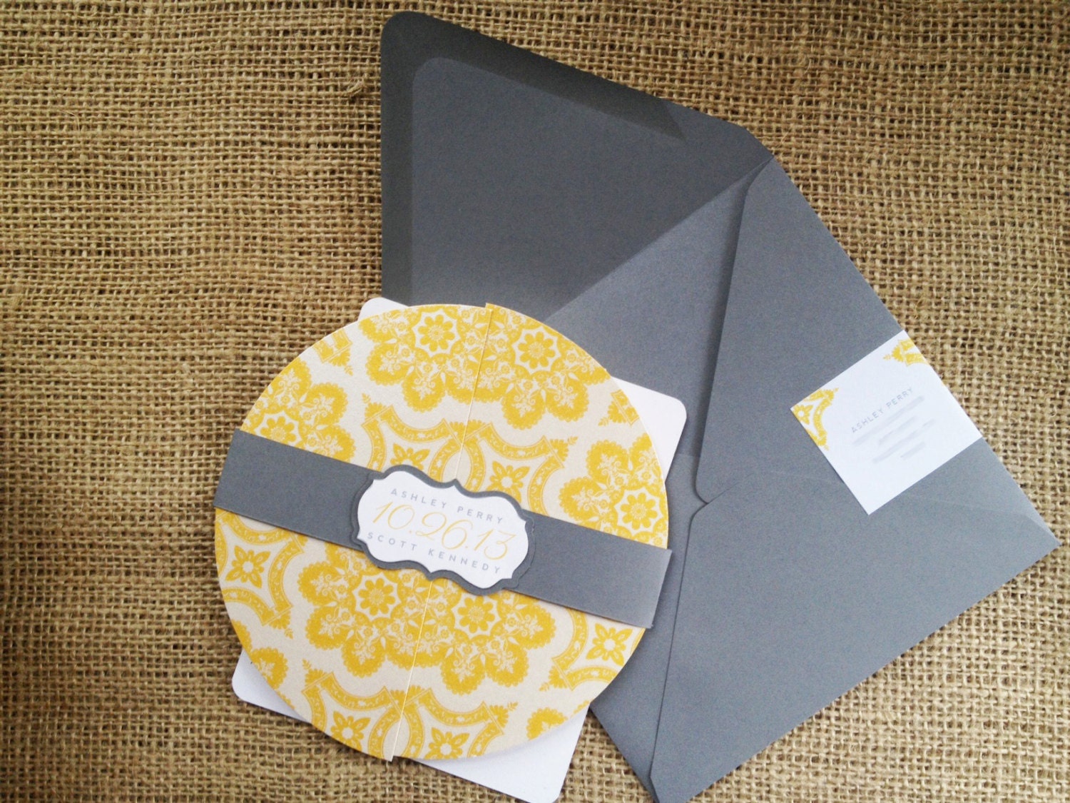 Customizable Morocco Round Yellow Gray Wedding Invitation Belly Band Intricate Elegant Contemporary Modern Trendy Unique Creative