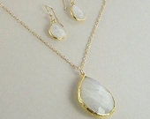 Moonstone Teardrop Gold Bezel Necklace and Earring Set