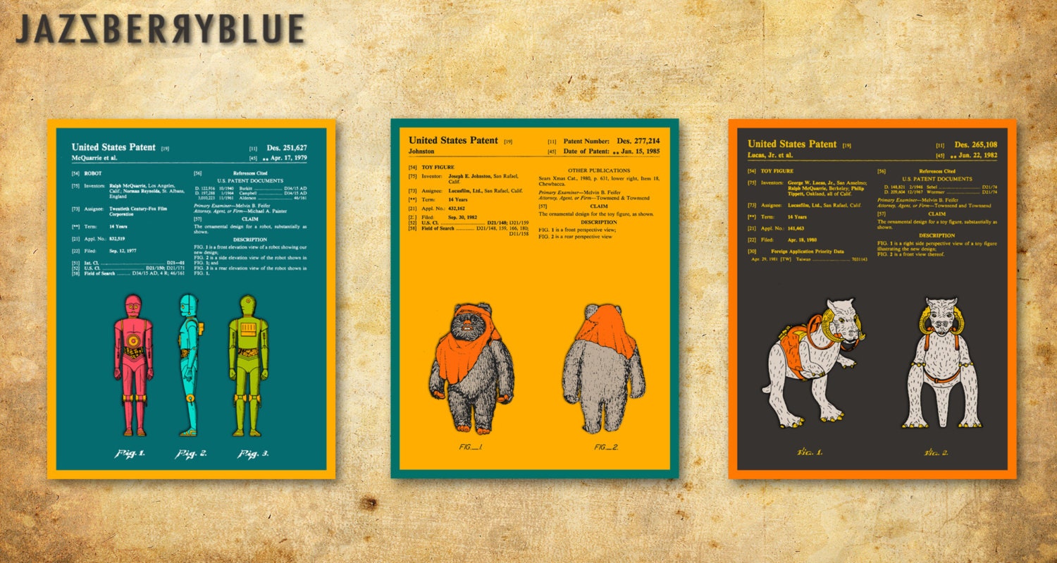 Any 3 (8x10 Art Prints) STAR WARS Patent Illustrations, Retro Historical Pop Artwork