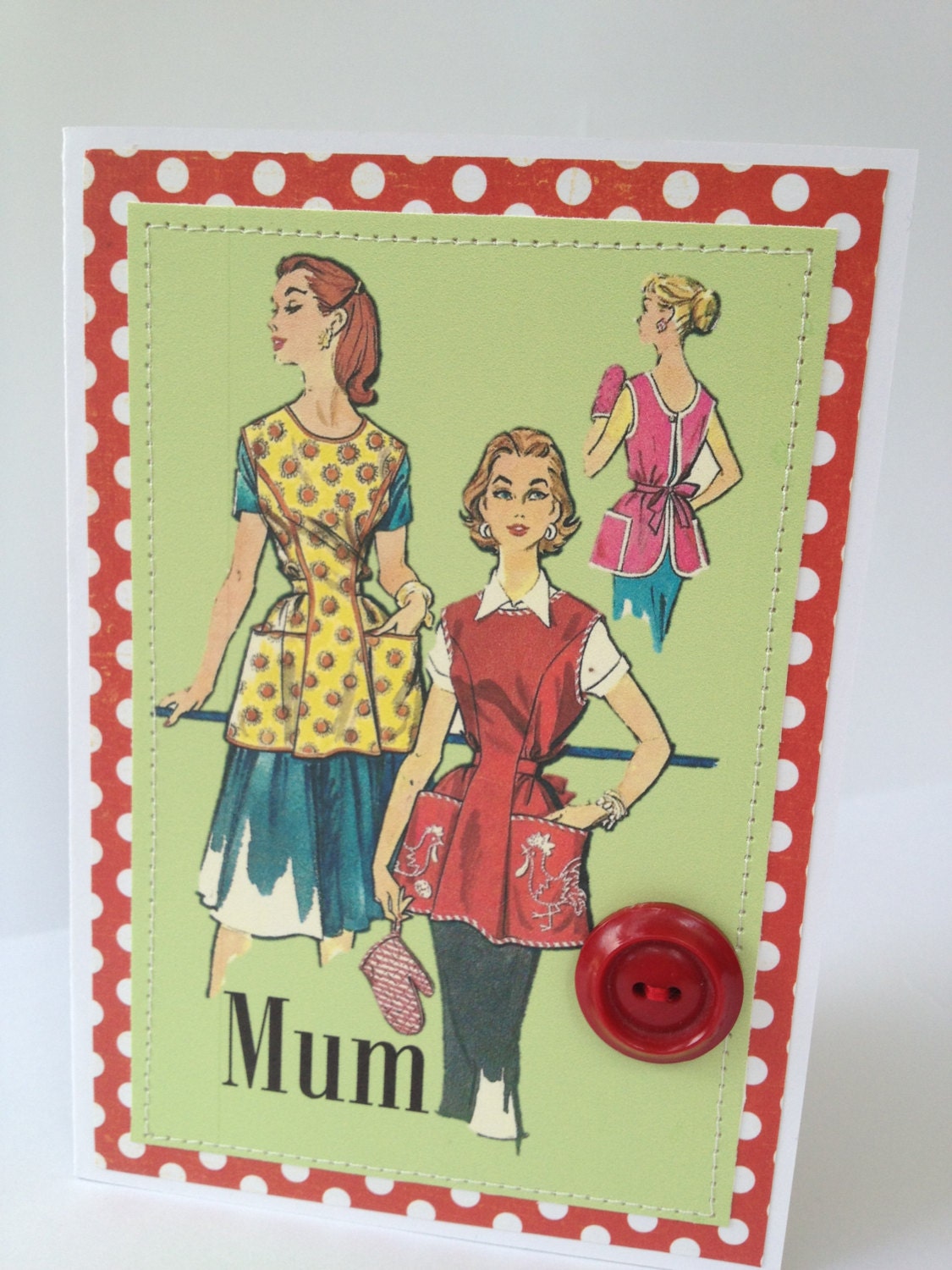 Birthday Card Mum Mothers 1950's Vintage Ladies Apron Retro Green