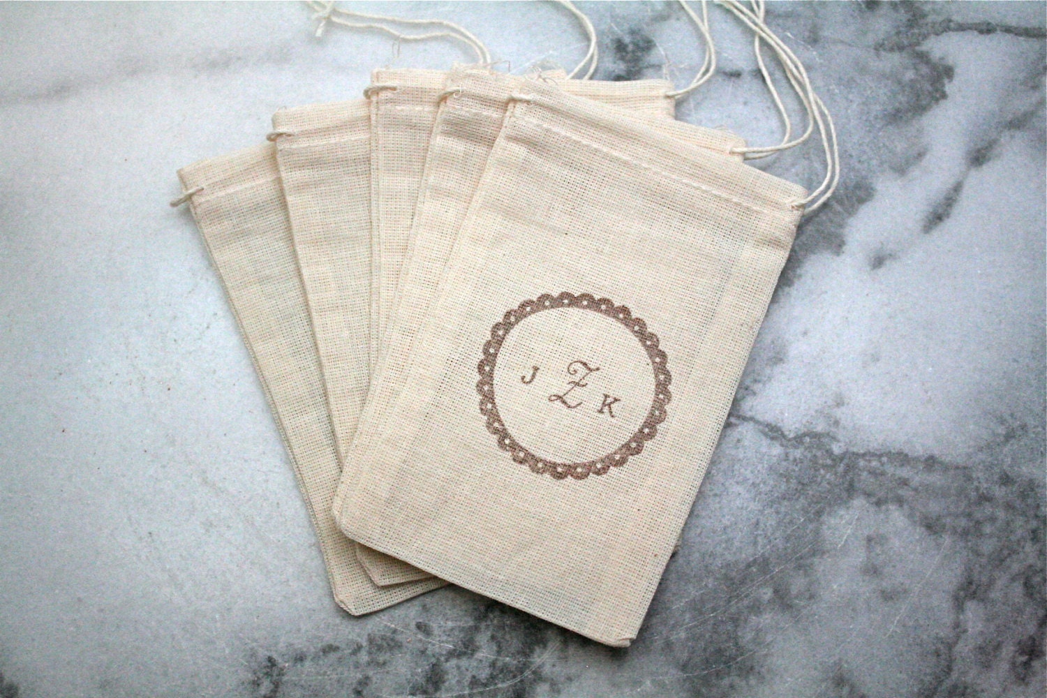 For Jaime- Personalized wedding favor bags, muslin, 3x5. Set of 225. Wedding monogram in scalloped circle.