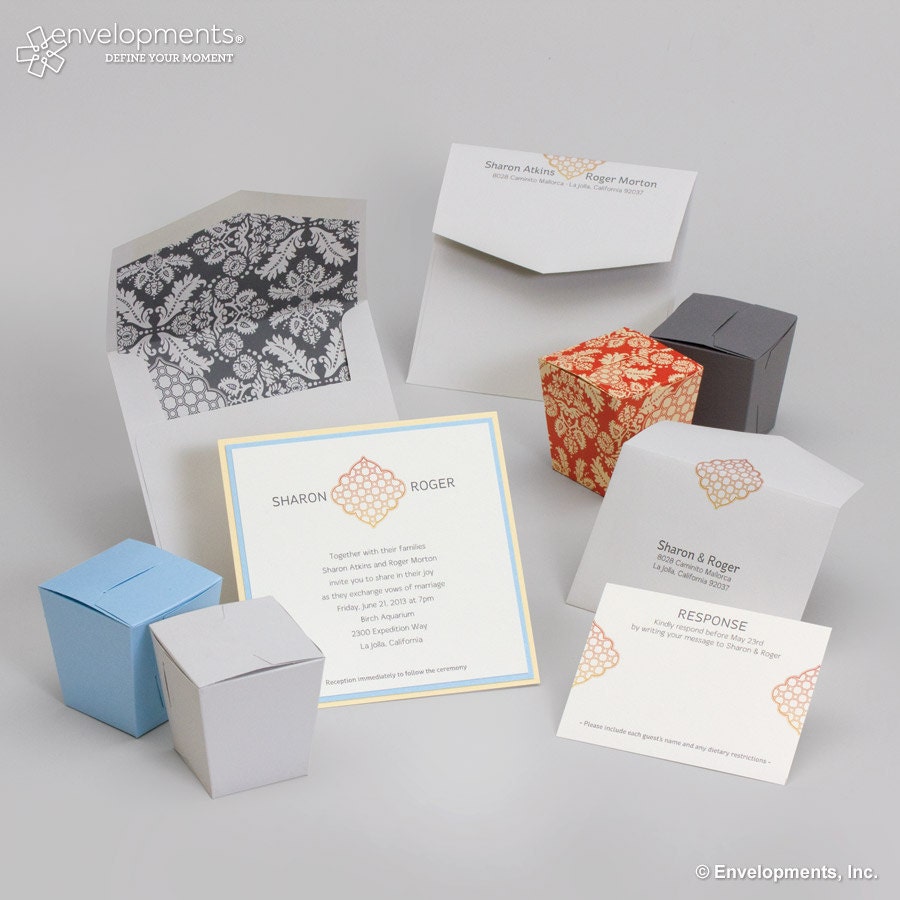 GRAPHIC, & SIMPLISTIC -- Wedding Invitation in Pale Blue, Butter Yellow, Gray and Orange, 5x5