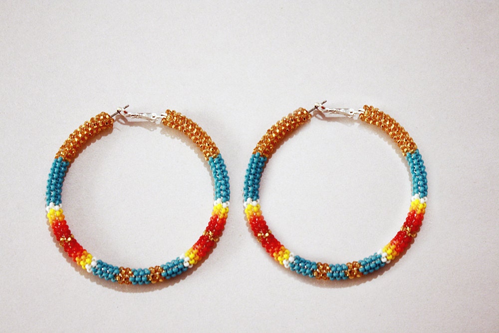 Gold/Turquoise Peyote Stitch Native American Hoop Earrings
