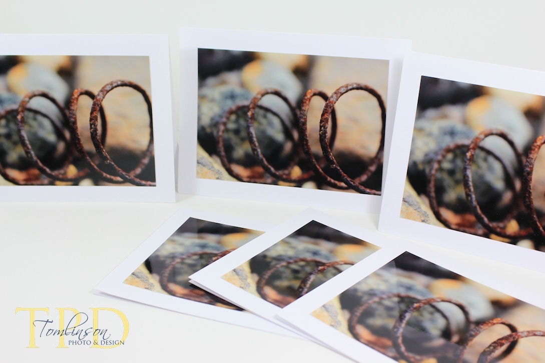 A Rusty Spring, Industrial Style Photography Cards Printed with a Metallic Finish, Blank Inside Set of 5