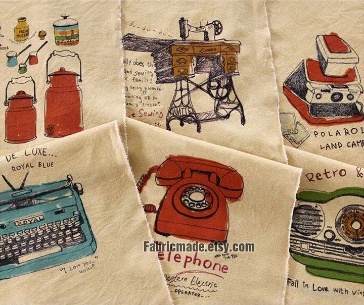 Retro Linen Cotton Fabric, Natural Beige Background With Illust Cut Live In Vintage- One Panel 35'X55"