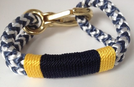 Blue and White Nautical Rope Bracelet with Navy and White Wrap and Bronze clasp