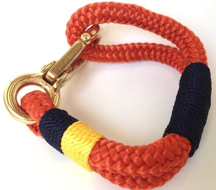Burnt Orange Nautical Rope Bracelet with Navy Wrap and Gold and Navy Stripe with Bronze clasp