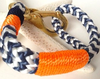 Blue & White Nautical Rope Bracelet with Orange wrap and Orange and Navy Stripe - Bronze Clasp