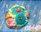 Coral, Mustard, Turquoise Headband, Aqua Hair Accessories, Fabric Flower Brooch, Baby Girls Flower Hair Bow, Baby Photo Prop