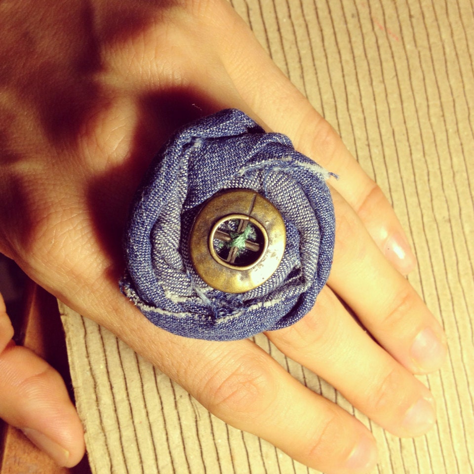 Fabric Ring. Upcycled Jeans Ring. Used to be a Scrap of a Pair of Jeans and a Found Button.